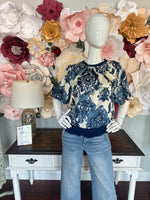 Navy Printed Bubble Sleeve Top