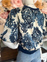 Navy Printed Bubble Sleeve Top