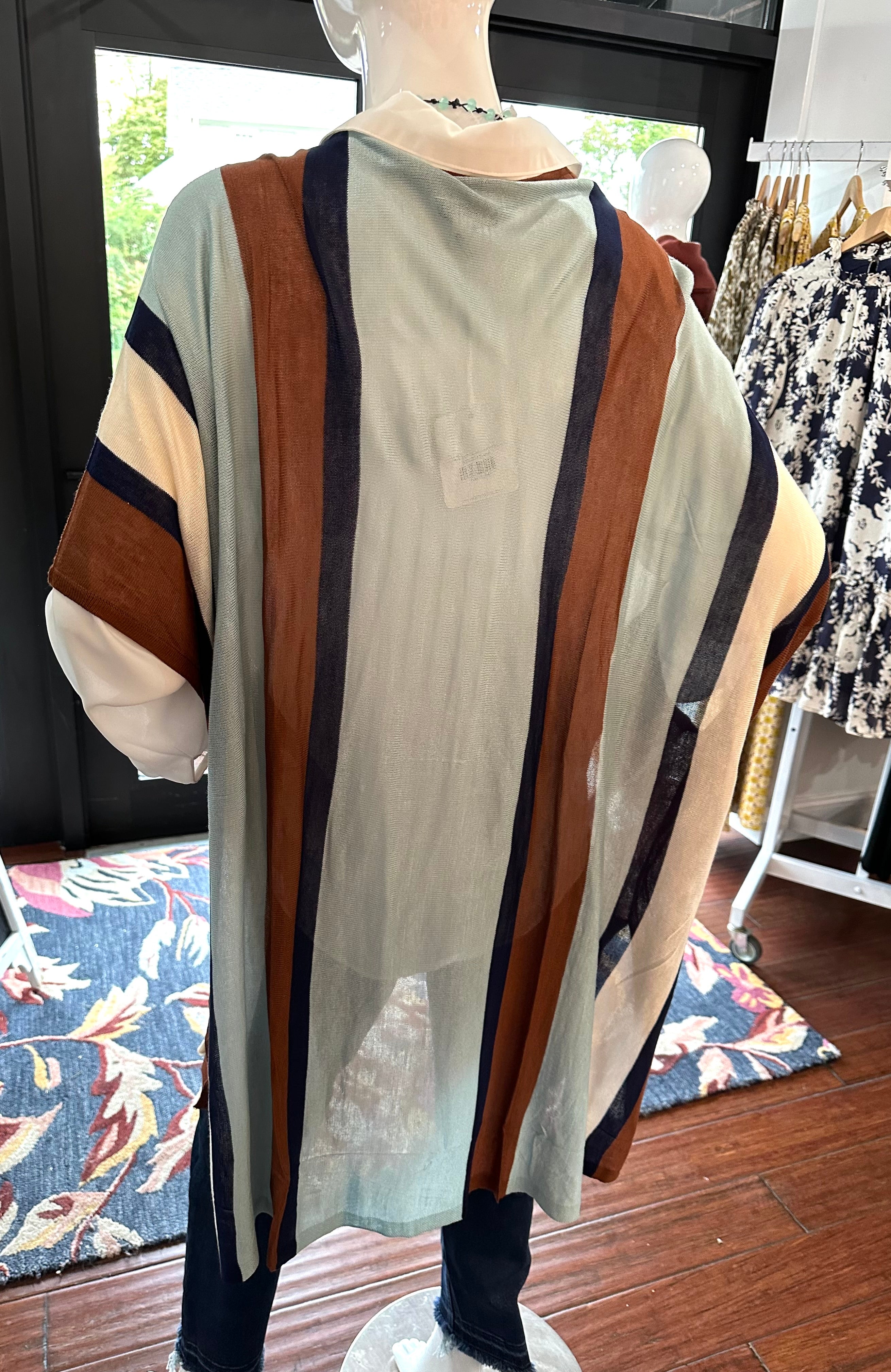 Brown Stripe Print Long Sleeve Poncho