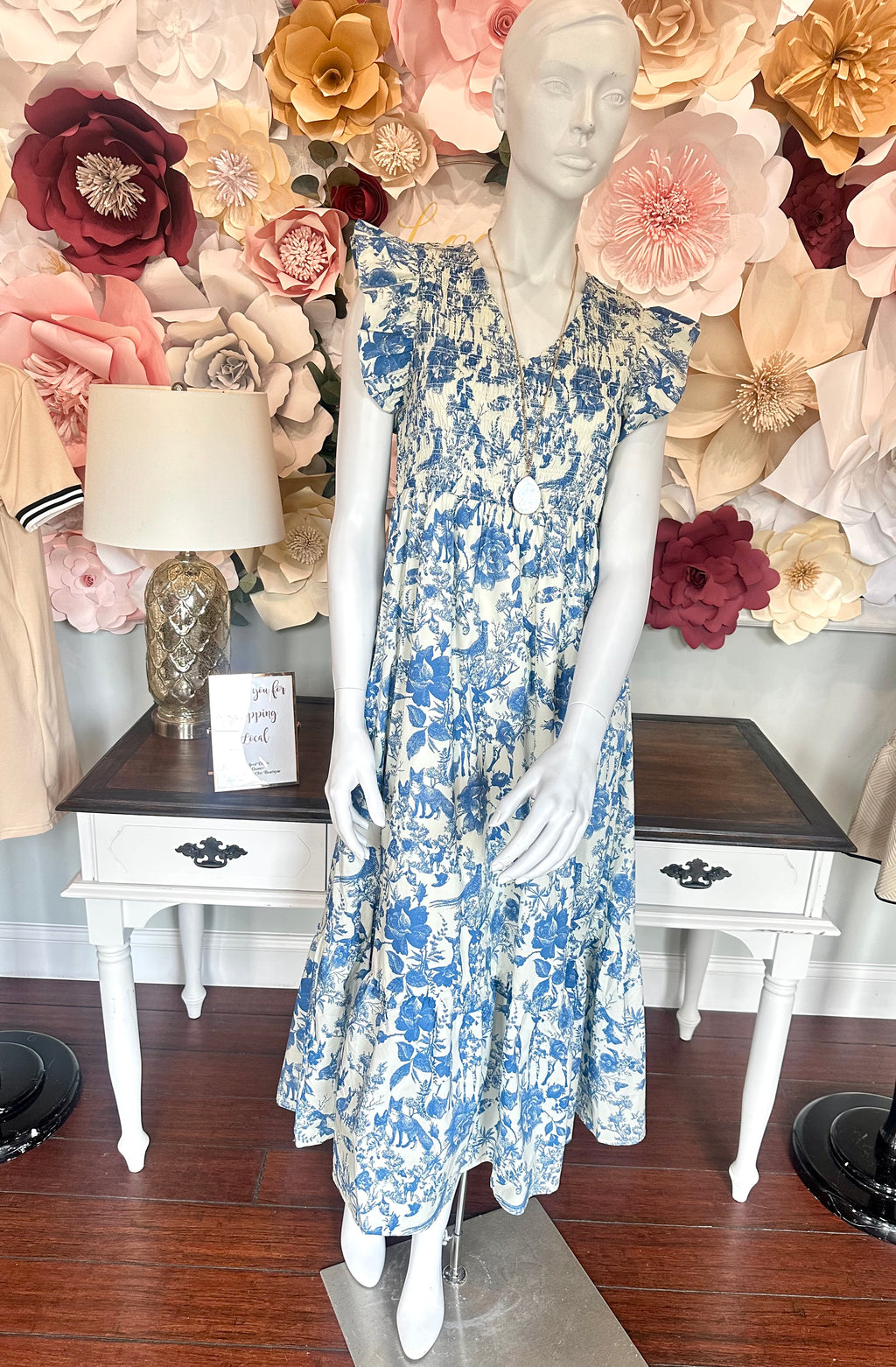 Blue Printed V-neck Dress with Smocked waist