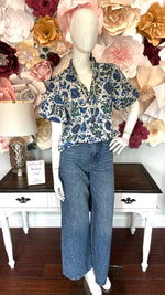 Blue Floral print V neck Top