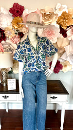 Blue Floral print V neck Top