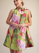 Lime Ruffle Tie Neck Floral Dress