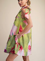 Lime Ruffle Tie Neck Floral Dress
