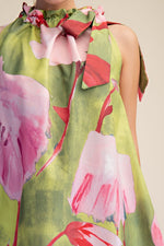 Lime Ruffle Tie Neck Floral Dress