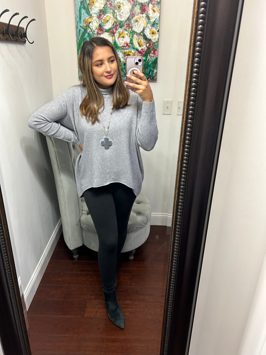 Grey Mock Neck High/Low Sweater