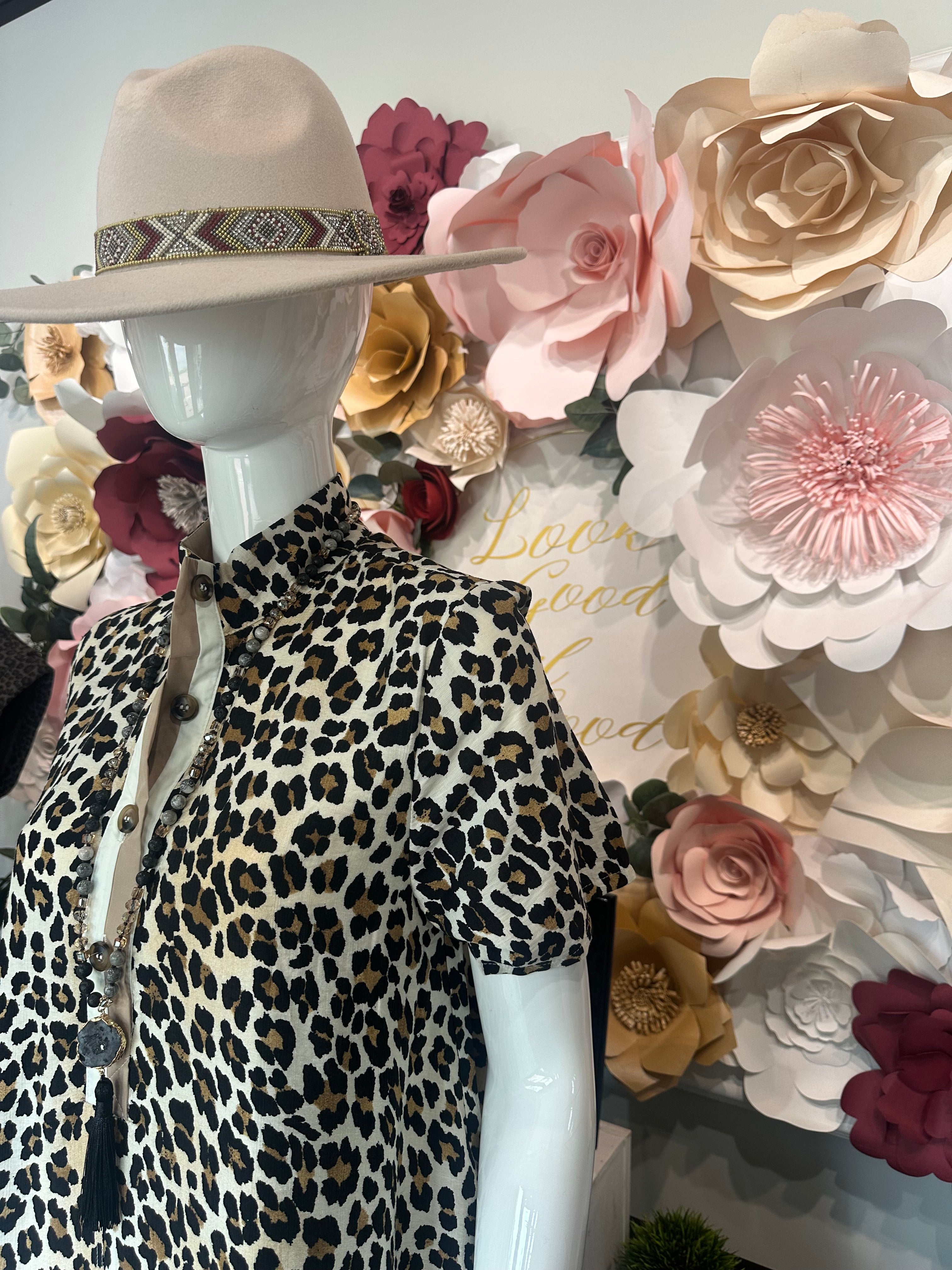 Leopard Dress with Multicolor High Band Collar
