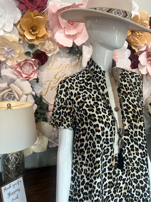 Leopard Dress with Multicolor High Band Collar