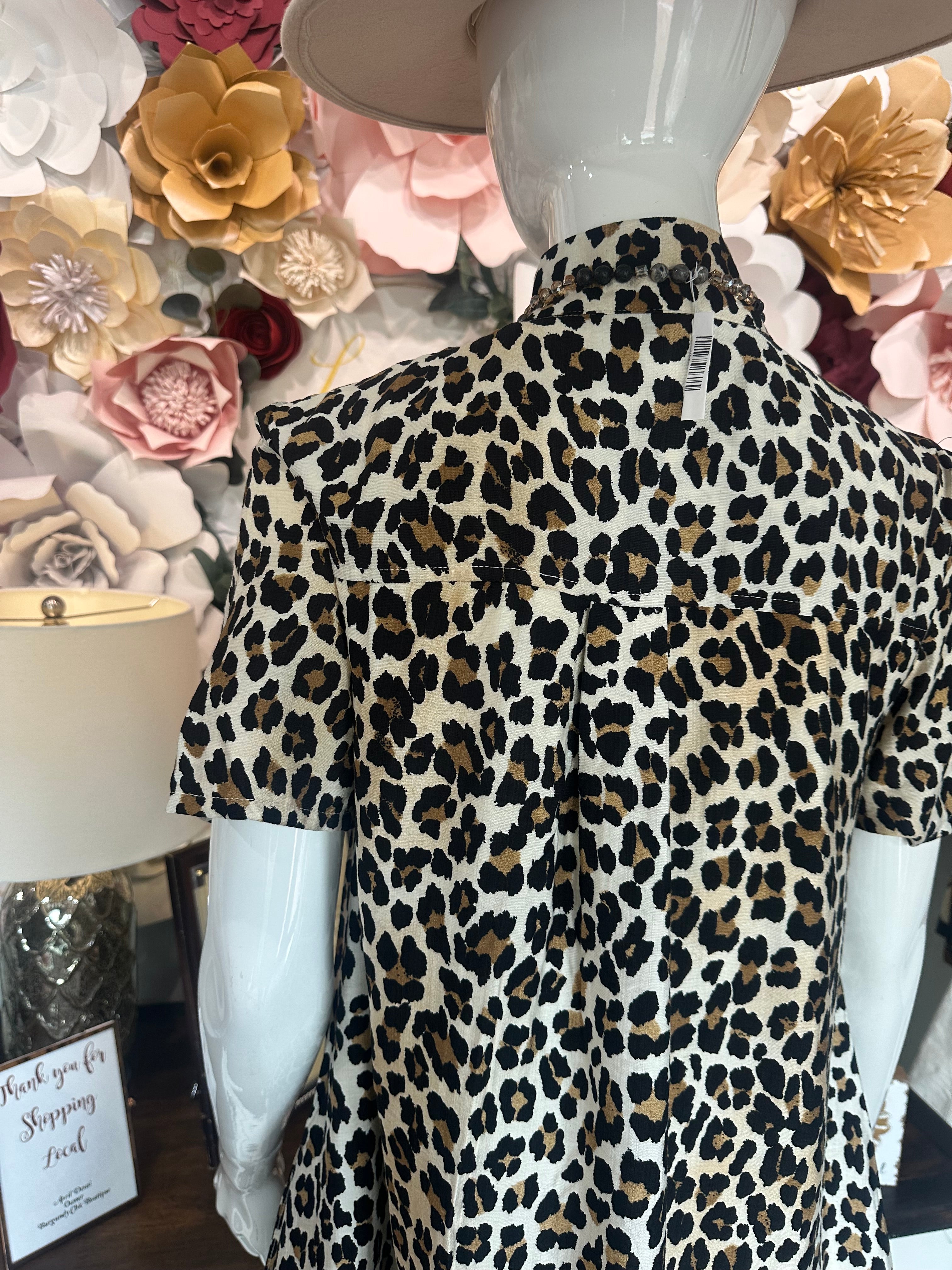 Leopard Dress with Multicolor High Band Collar