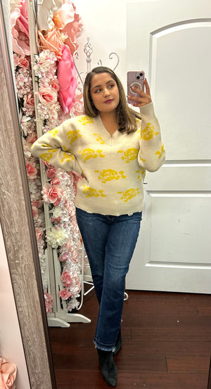 Mustard V Neck Rose Sweater