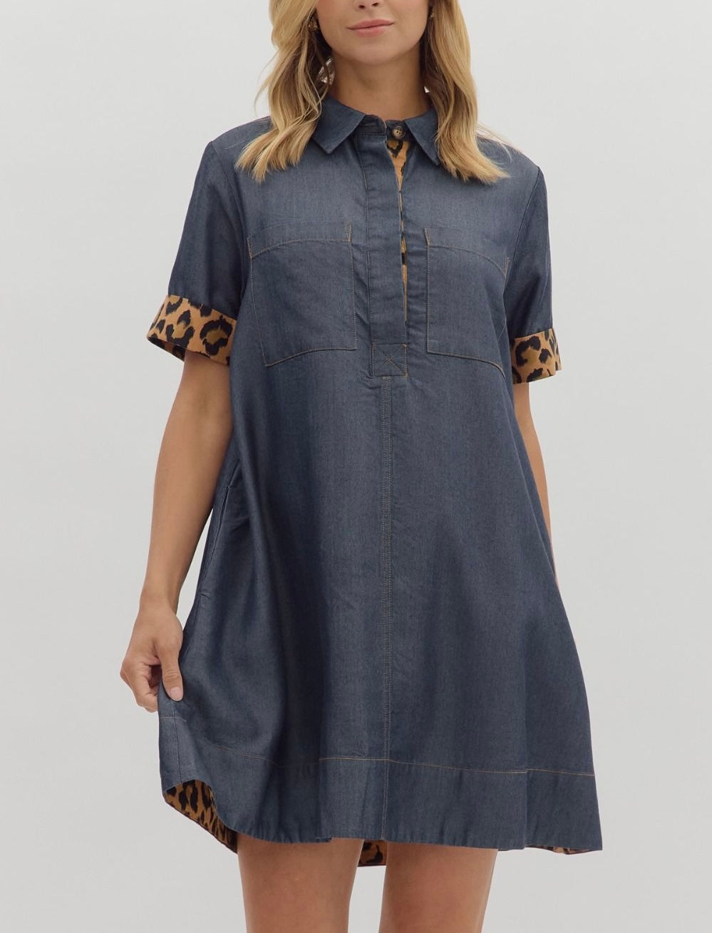 Dark Blue dress with leopard cuff and neck detail