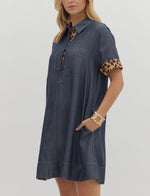 Dark Blue dress with leopard cuff and neck detail