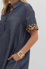 Dark Blue dress with leopard cuff and neck detail