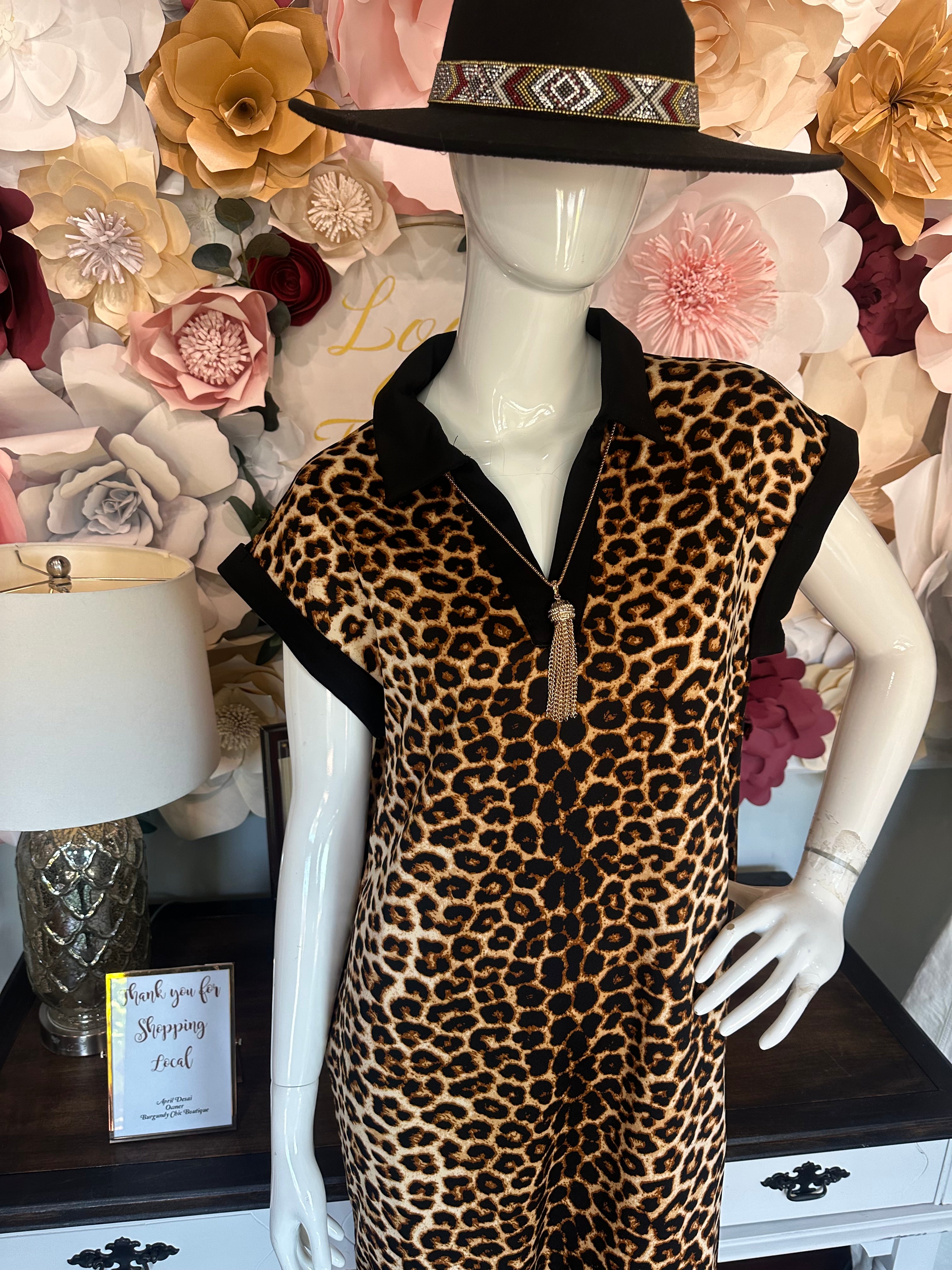 Animal Print dress with Black Collar Burgundy Chic Boutique Animal Print dress with Black Collar Burgundy Chic Boutique
