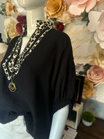 Black Solid Elastitcated Sleeve Top