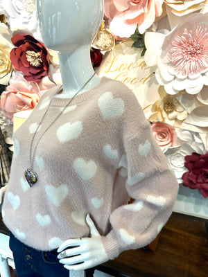 Blush Fuzzy All over Heart Sweater