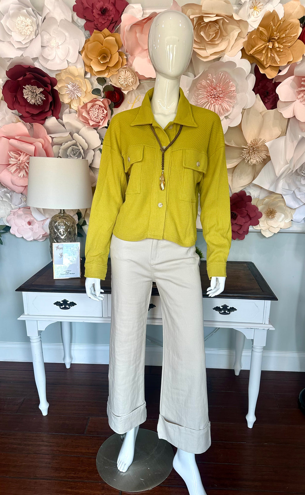 Chartreuse Waffle Knit Collared Shacket