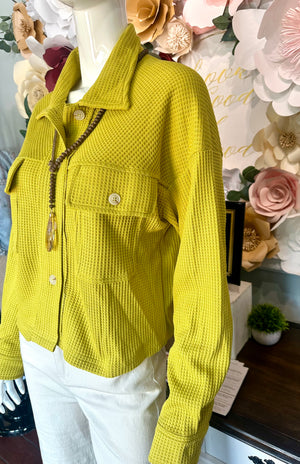 Chartreuse Waffle Knit Collared Shacket