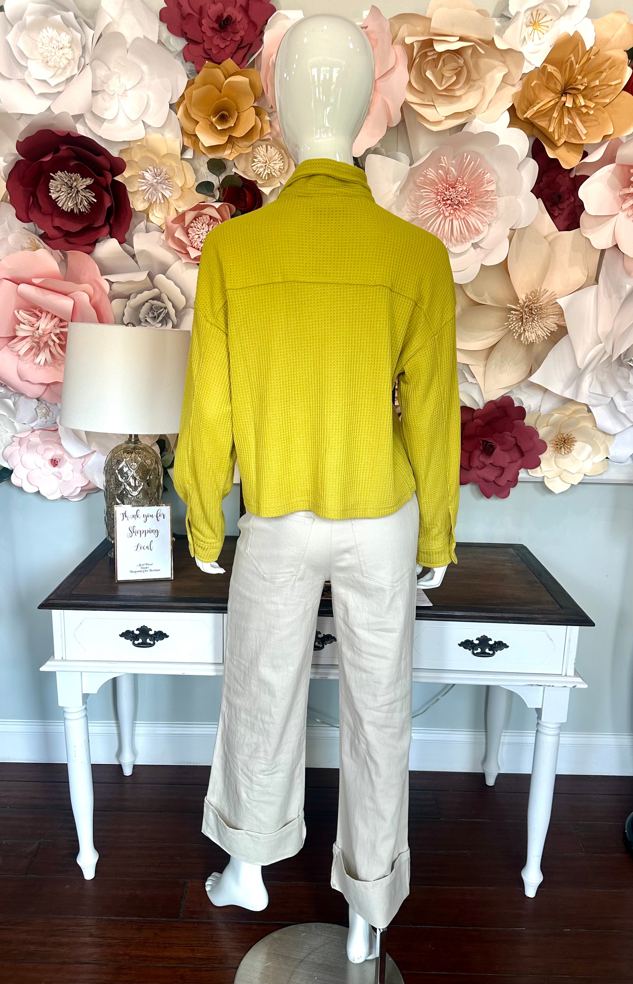 Chartreuse Waffle Knit Collared Shacket
