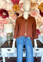 Brown 3/4 Sleeve Button Top