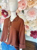 Brown 3/4 Sleeve Button Top