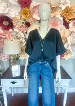Navy Satin V-Neck Top