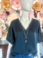 Navy Satin V-Neck Top