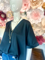Navy Satin V-Neck Top