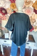 Navy Satin V-Neck Top