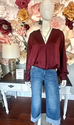 Burgundy V-neck blouse bubble hem