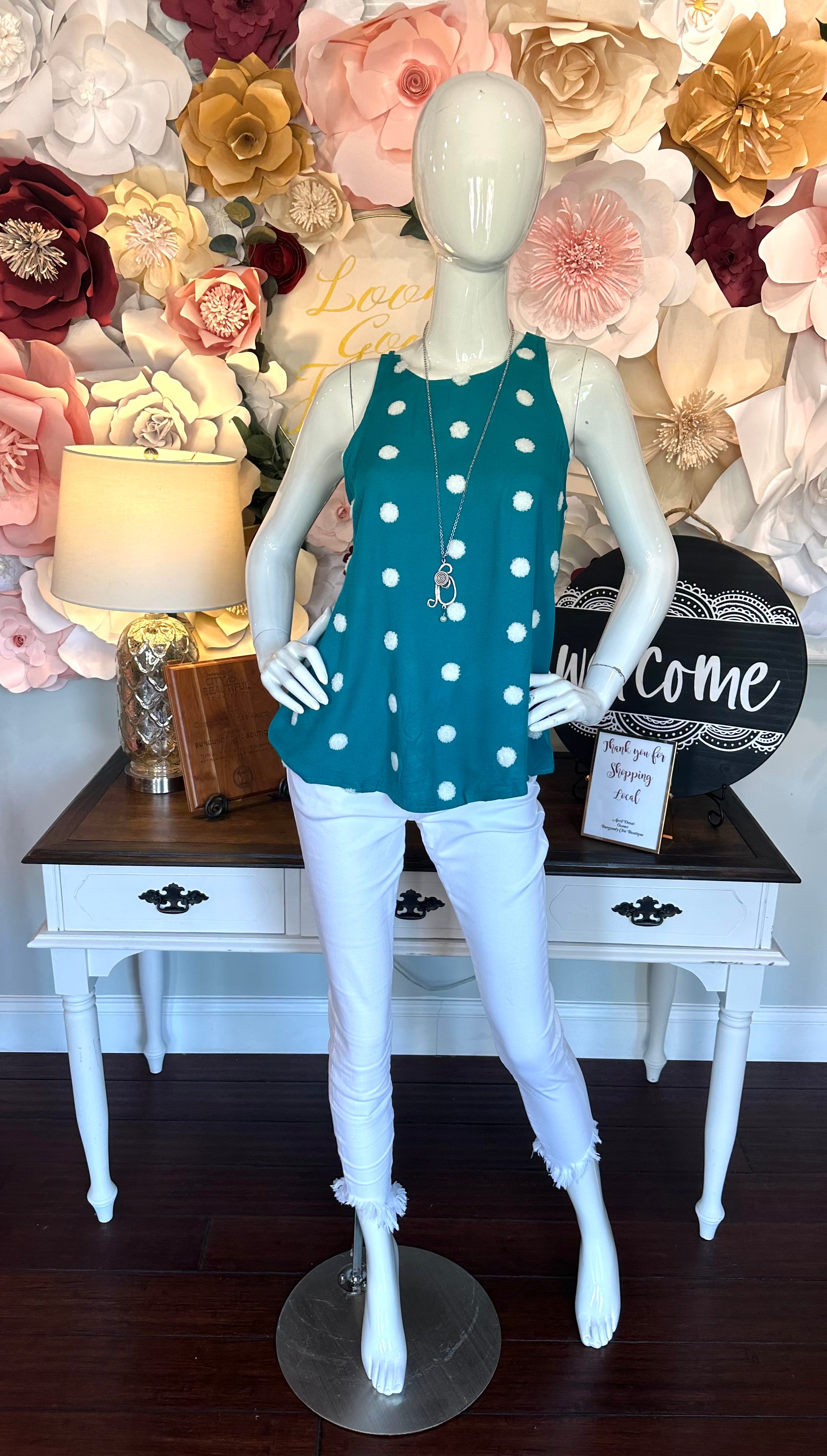 Teal Tank with white pom pom
