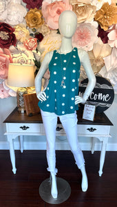 Teal Tank with white pom pom