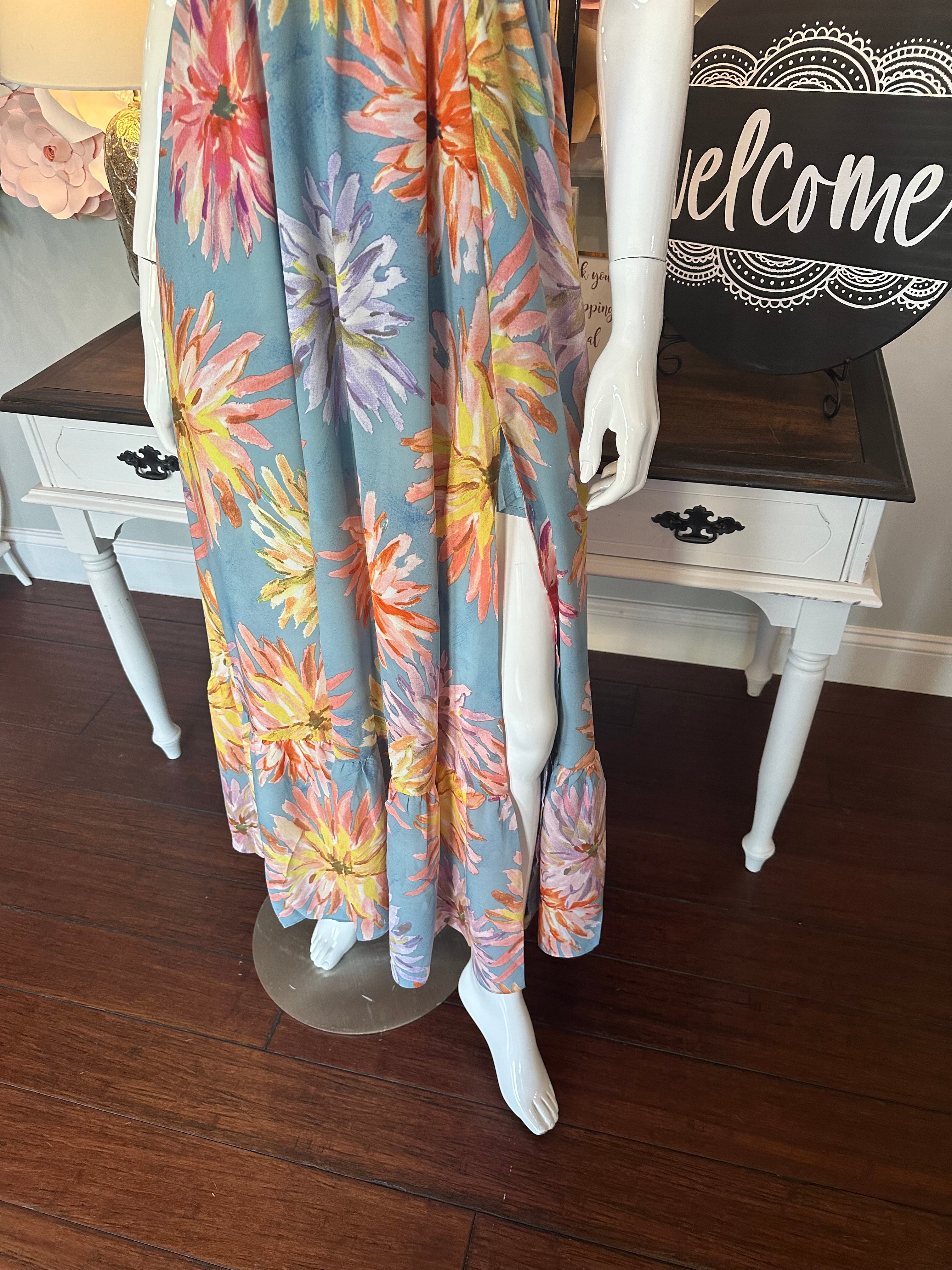 Dusty Blue Floral Dress with Ruffle neckline