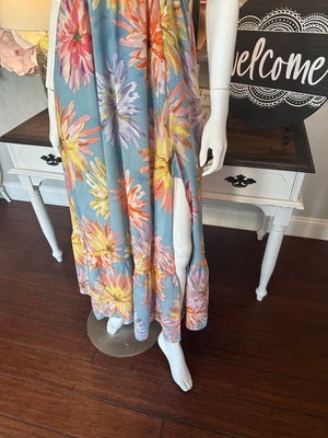 Dusty Blue Floral Dress with Ruffle neckline