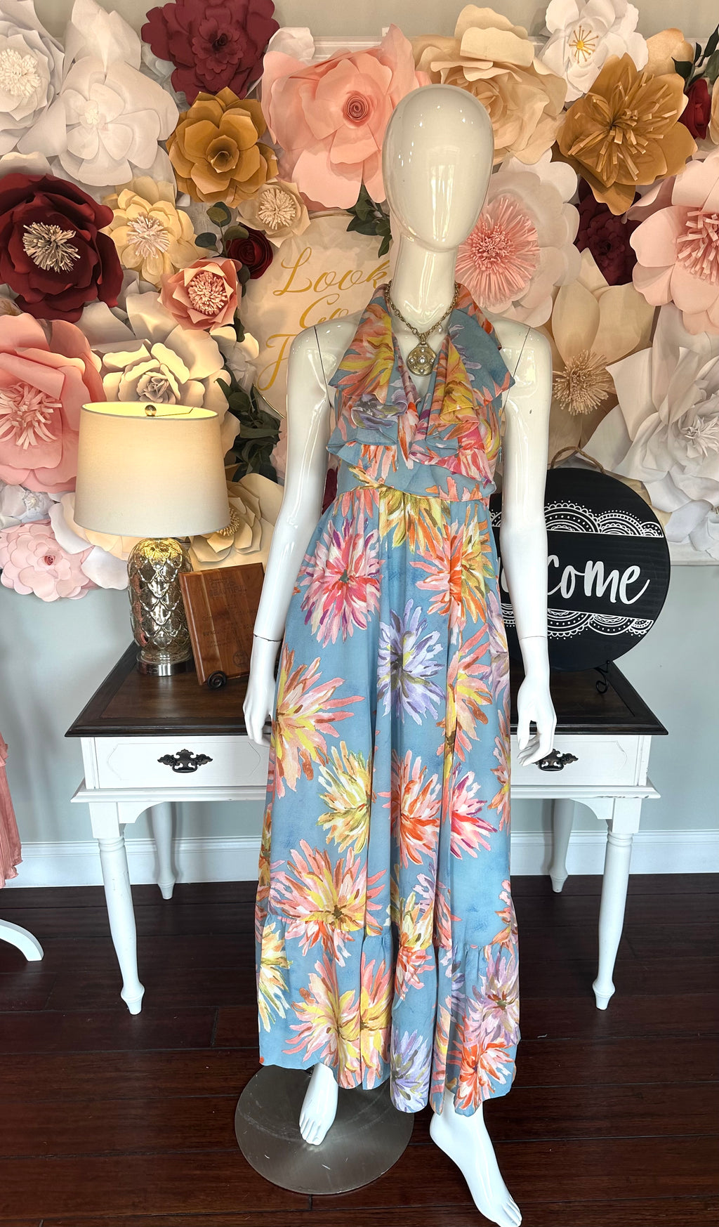 Dusty Blue Floral Dress with Ruffle neckline