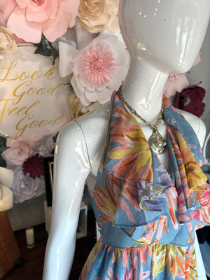 Dusty Blue Floral Dress with Ruffle neckline