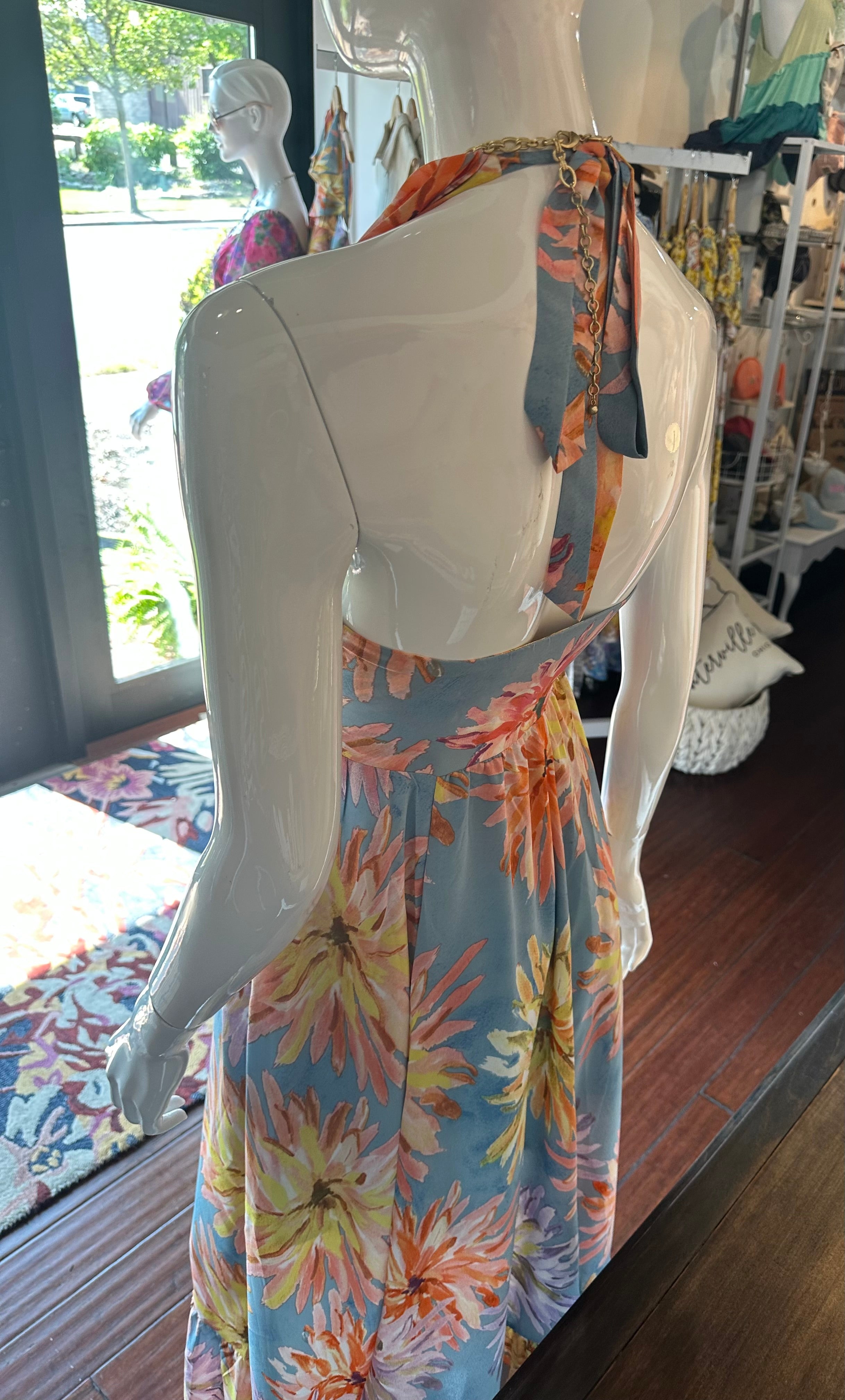 Dusty Blue Floral Dress with Ruffle neckline