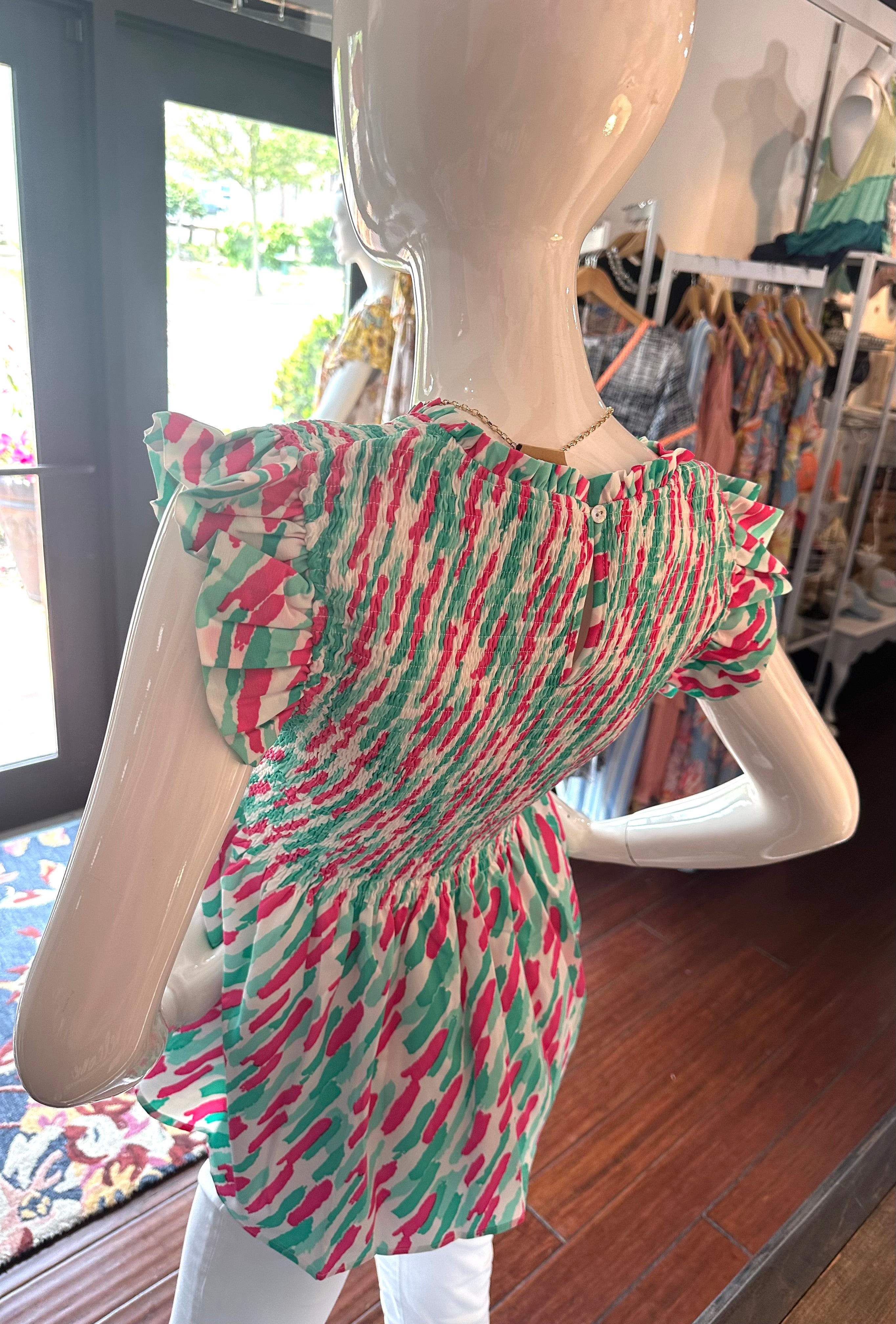 Teal & Pink Smock Waist Top