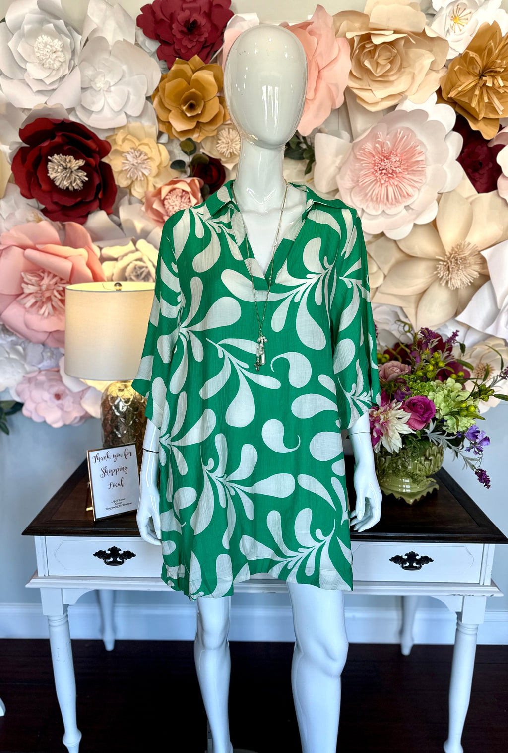 Green White Print Collared Dress