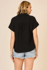 Black S/S Gauze Button Top
