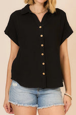 Black S/S Gauze Button Top