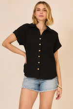 Black S/S Gauze Button Top