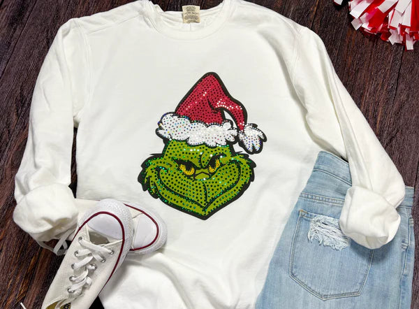 White Sweatshirt with Spangled Grinch