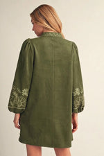 Olive Suede dress with embroidery