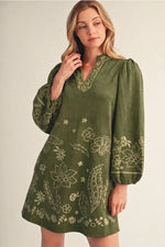 Olive Suede dress with embroidery