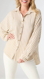Taupe Button Striped Top Relaxed