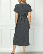 Striped Midi Dress with Drawstring Waist