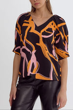 Black, Orange Top Gathered Sleeve