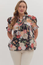 Black foral  V Neck Top (Plus)