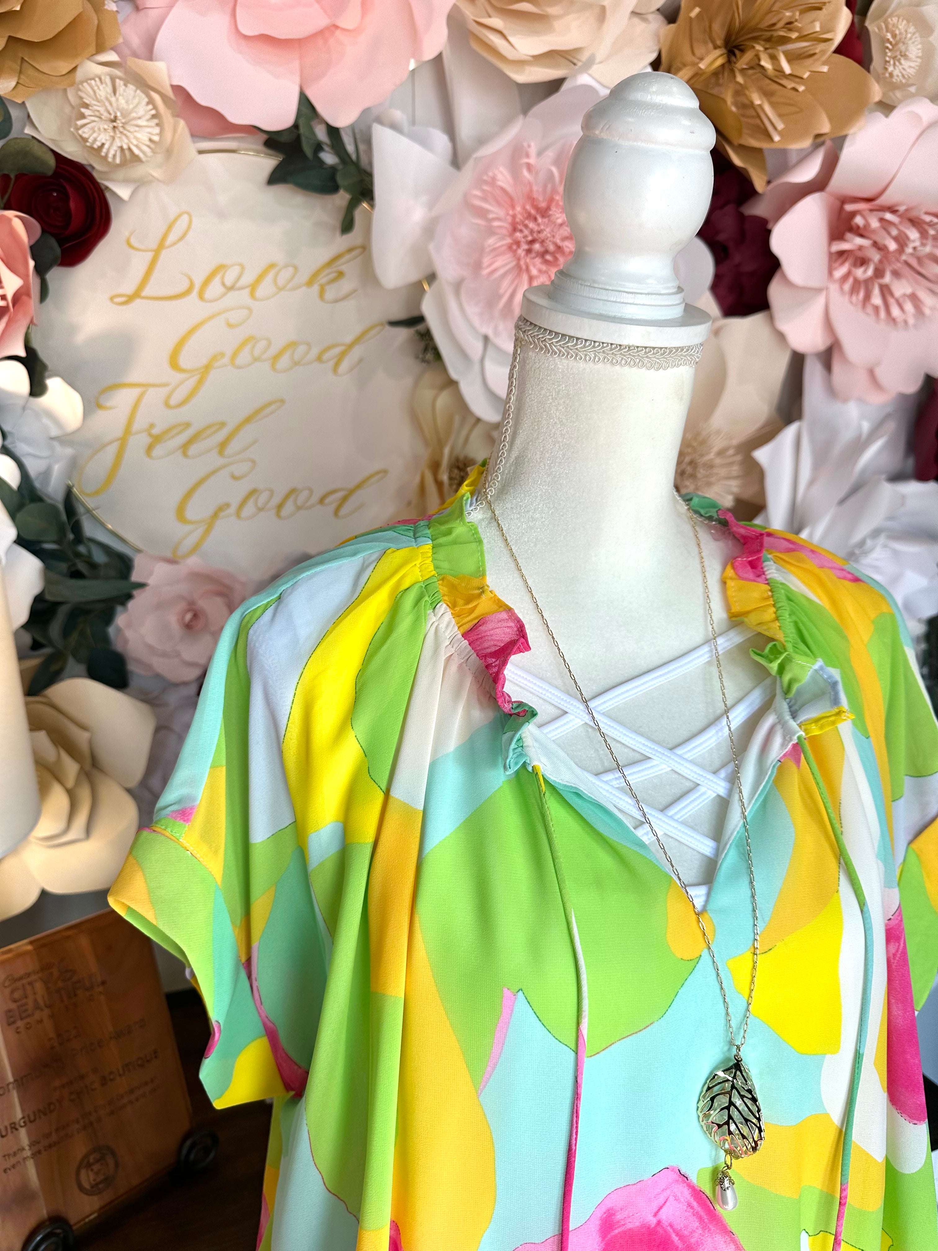 Bright Multi Color Top with Bubble Hem